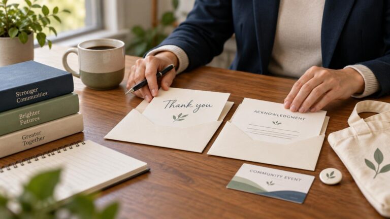Person in a navy blazer writing at a wooden table with envelopes, a “Thank you” card, an “Acknowledgment” card, community-themed books, coffee, and a canvas tote with a leaf design.