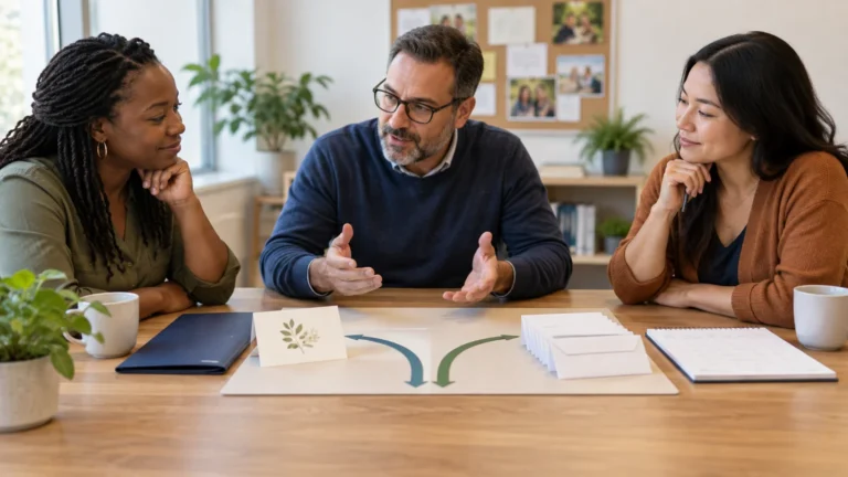 Three people discuss around a table with folders, blank cards, a simple branching-arrow diagram, plants, and coffee mugs in a bright office.