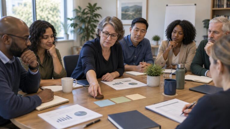 A diverse group of adults seated around a conference table review charts and notes during a collaborative planning meeting, with a facilitator moving small sticky notes in the center.