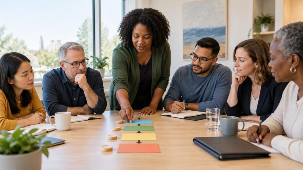 Six adults collaborate around a conference table as one woman points to a row of colored cards with black arrows, while others take notes.