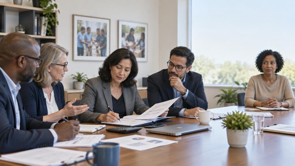 Five professionals sit around a conference table reviewing papers, charts, and notes during a board-style meeting in a bright office.