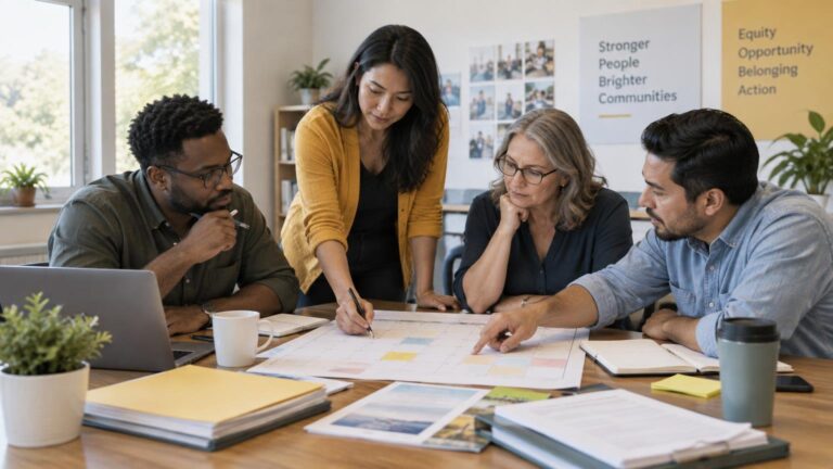 Four colleagues gathered around a table, reviewing a large paper calendar with notebooks, folders, a laptop, and coffee cups in a bright office.