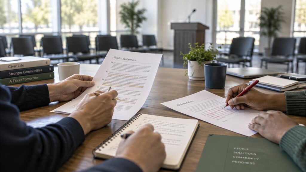 People at a conference table review marked documents labeled “Public Statement” and “Correction,” with empty chairs and a podium in a bright meeting room.