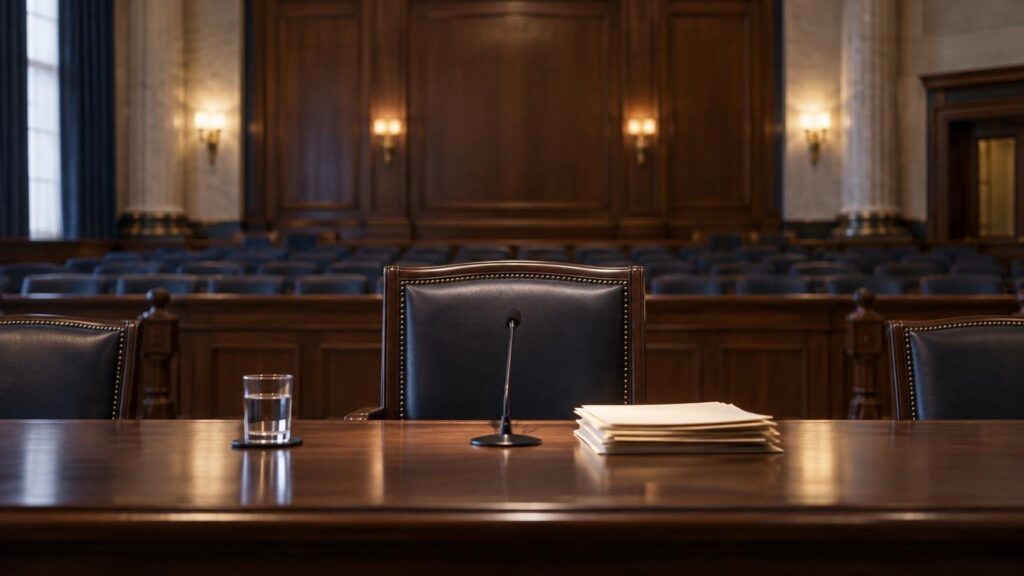 Empty wood-paneled hearing room with a central leather chair, microphone, glass of water, and stack of papers on a polished table.