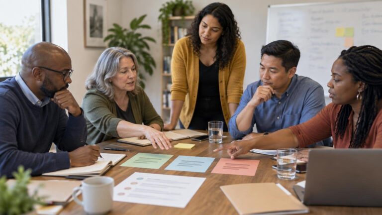 Five adults collaborate around a wooden conference table, reviewing colored sheets, notebooks, and a whiteboard in a bright office.